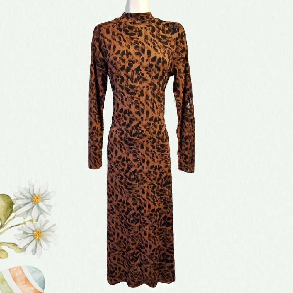 Leopard Print Midi Dress Long Sleeve, Stretch Sizes Small &‎ Med